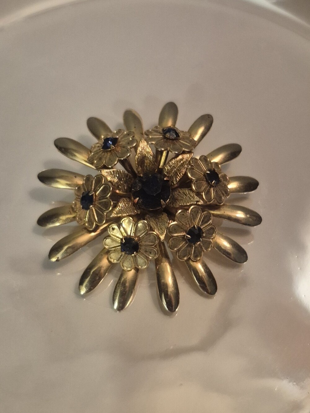 Vintage Gold Floral Cluster Brooch with Black Stone Accents